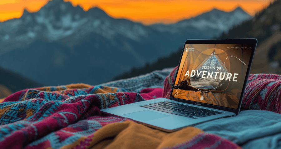 Endeavour Adventures website design displayed on laptop with mountain sunset backdrop, by On Poynt Creative