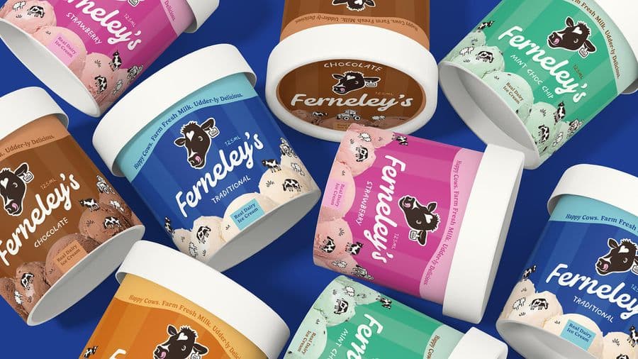 Ferneley's ice cream tub packaging in assorted flavour designs