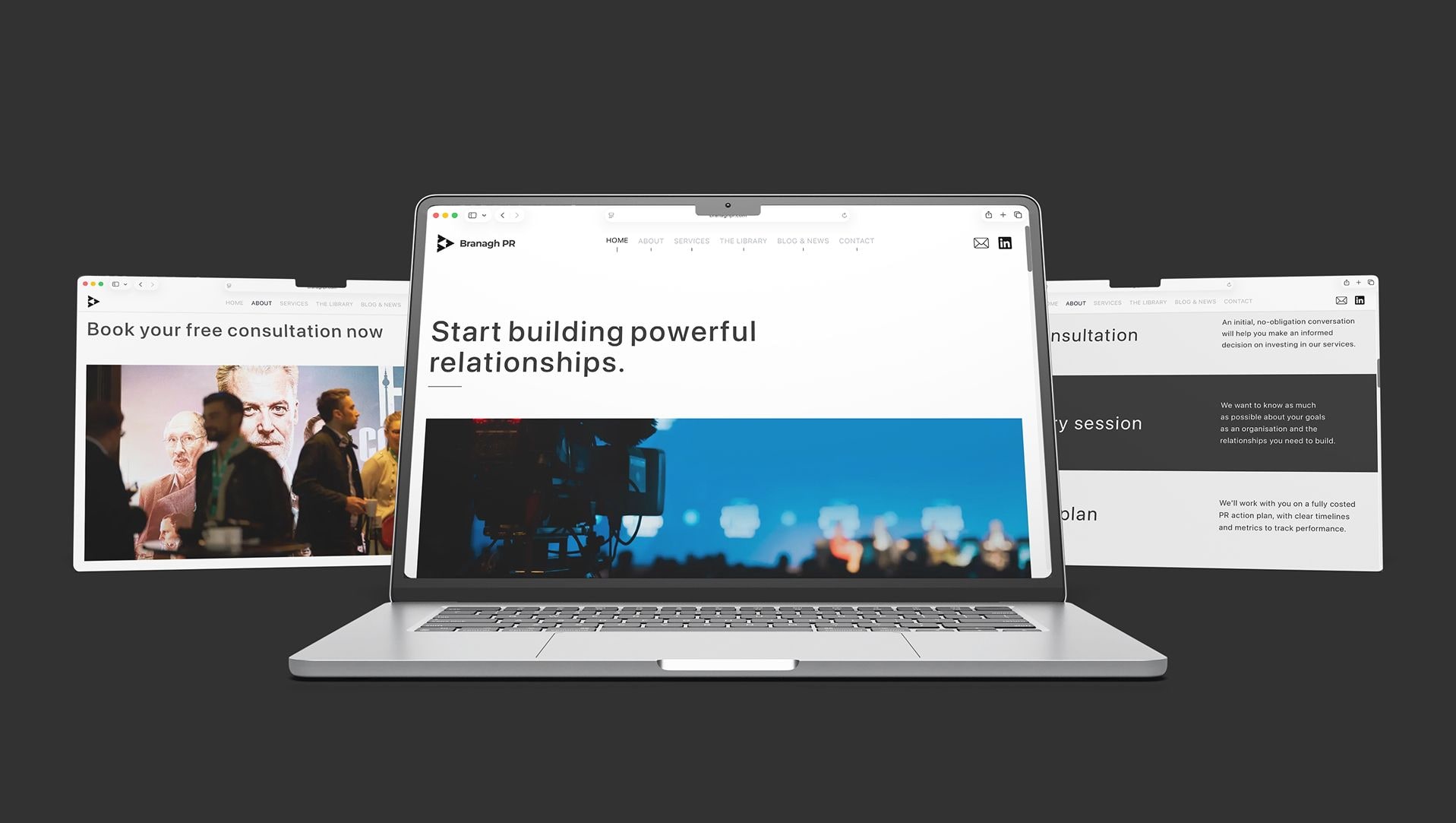 Branagh PR website homepage layered across laptop and browser screens