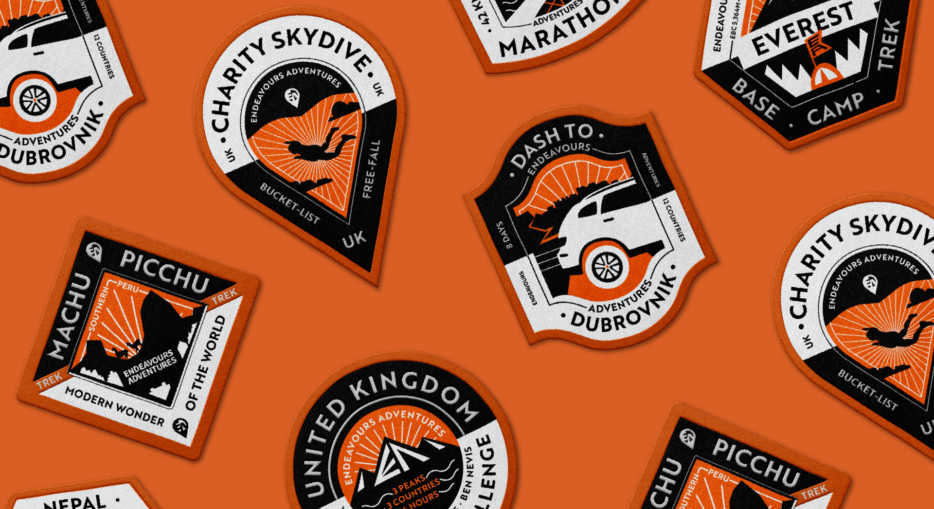 Illustrated adventure badge and patch designs for Endeavour Adventures by On Poynt Creative