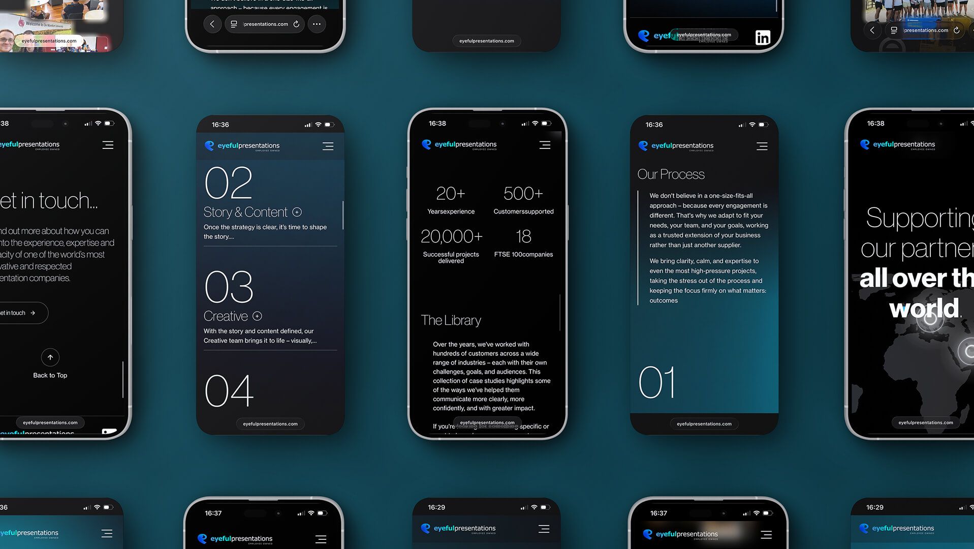 Eyeful Presentations mobile app screens with dark blue design, by On Poynt Creative