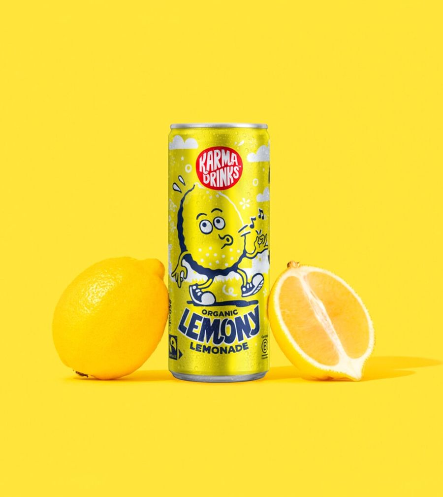 Organic lemonade can packaging design for Karma Drinks by On Poynt Creative
