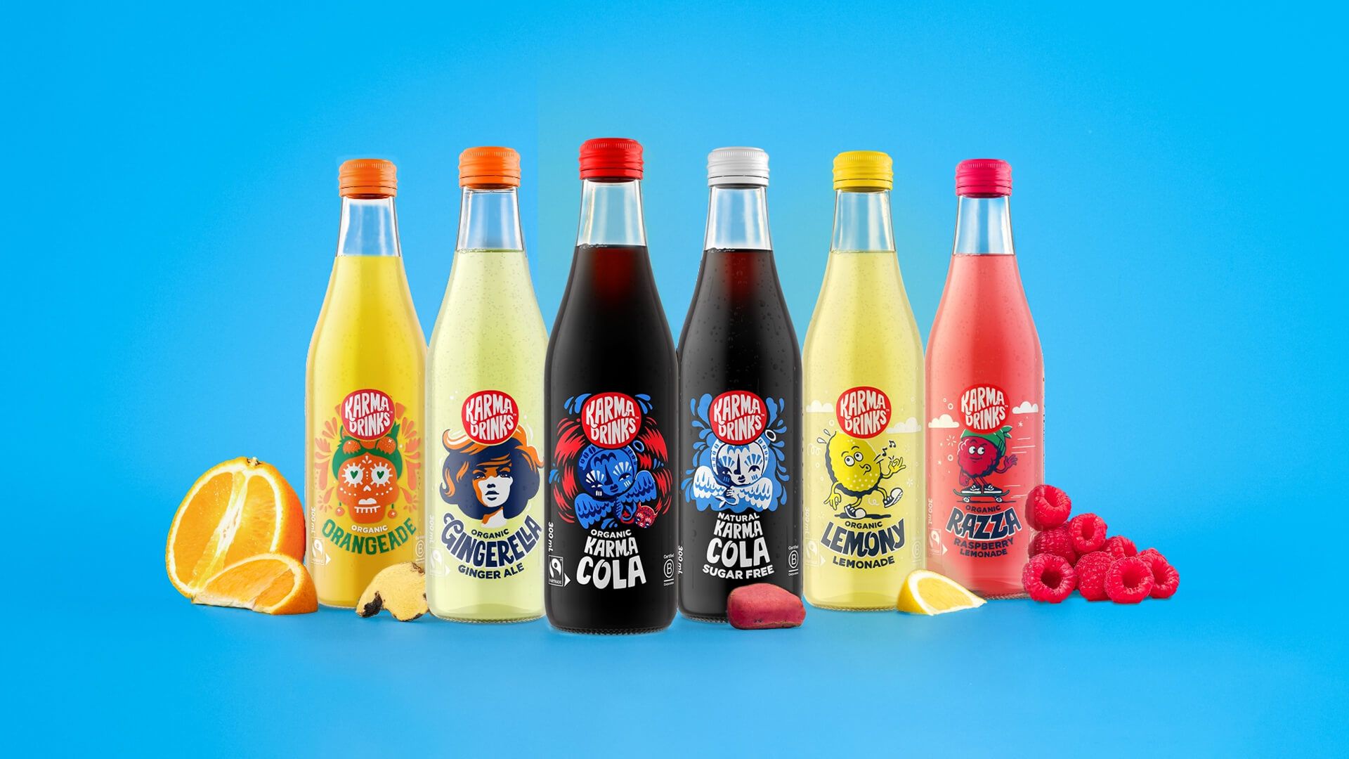 Soft drink bottle packaging design range for Karma Drinks by On Poynt Creative packaging design agency