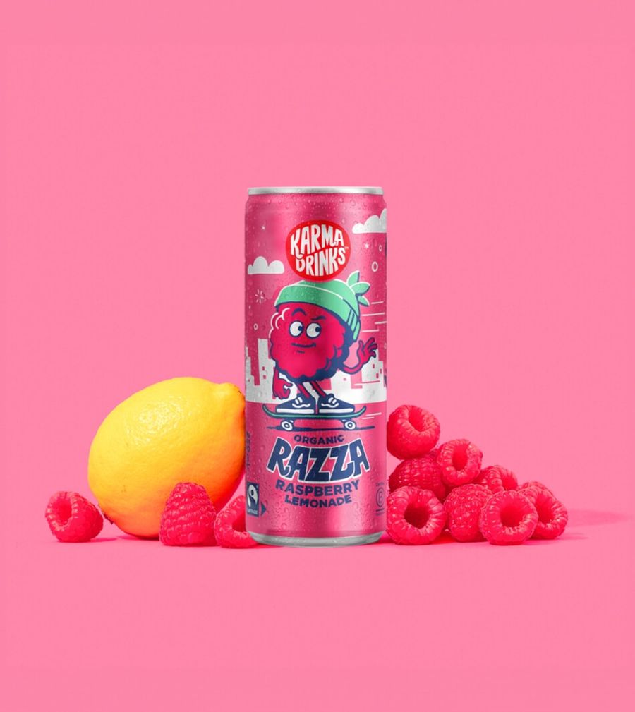 Raspberry lemonade can packaging design and product photography for Karma Drinks by On Poynt Creative