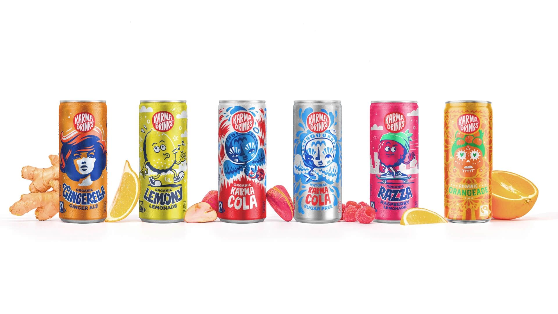 Organic soda can range packaging design and photography for Karma Drinks by On Poynt Creative