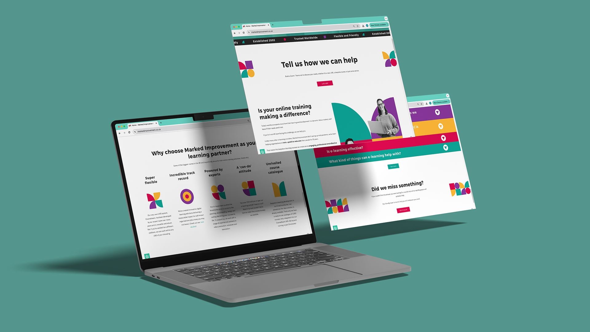 Marked Improvement website page designs shown on laptop by On Poynt Creative