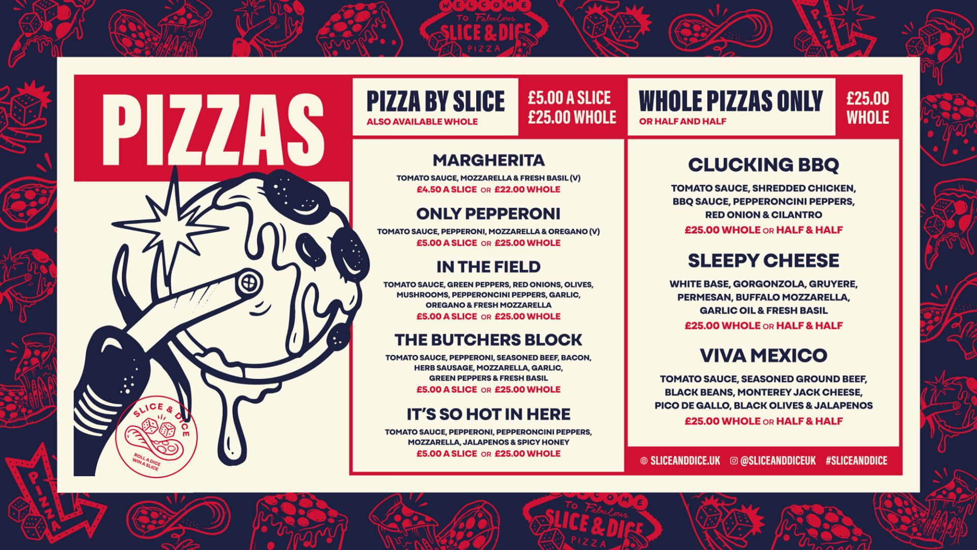 Slice & Dice pizza menu design, by On Poynt Creative
