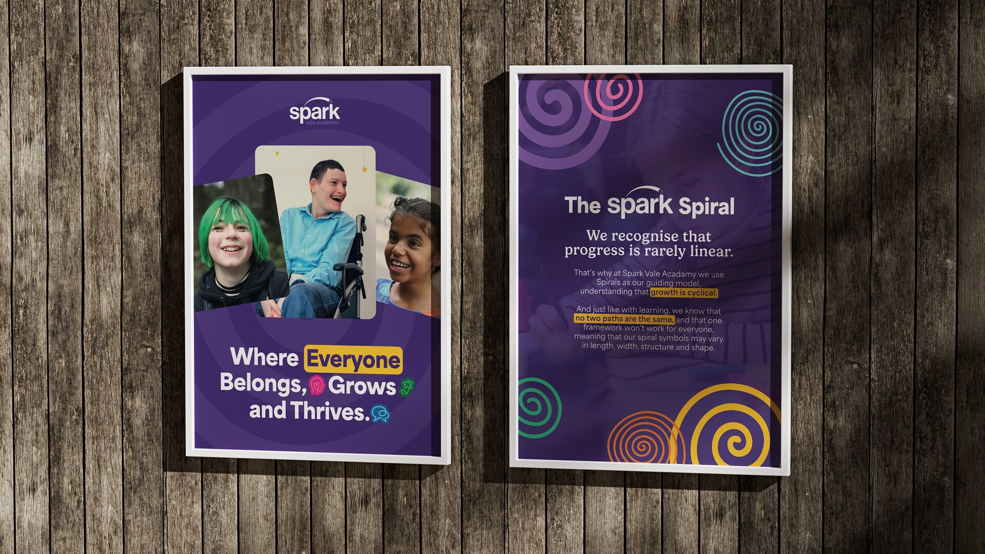 Spark Academy framed poster mockups displayed on a wooden wall