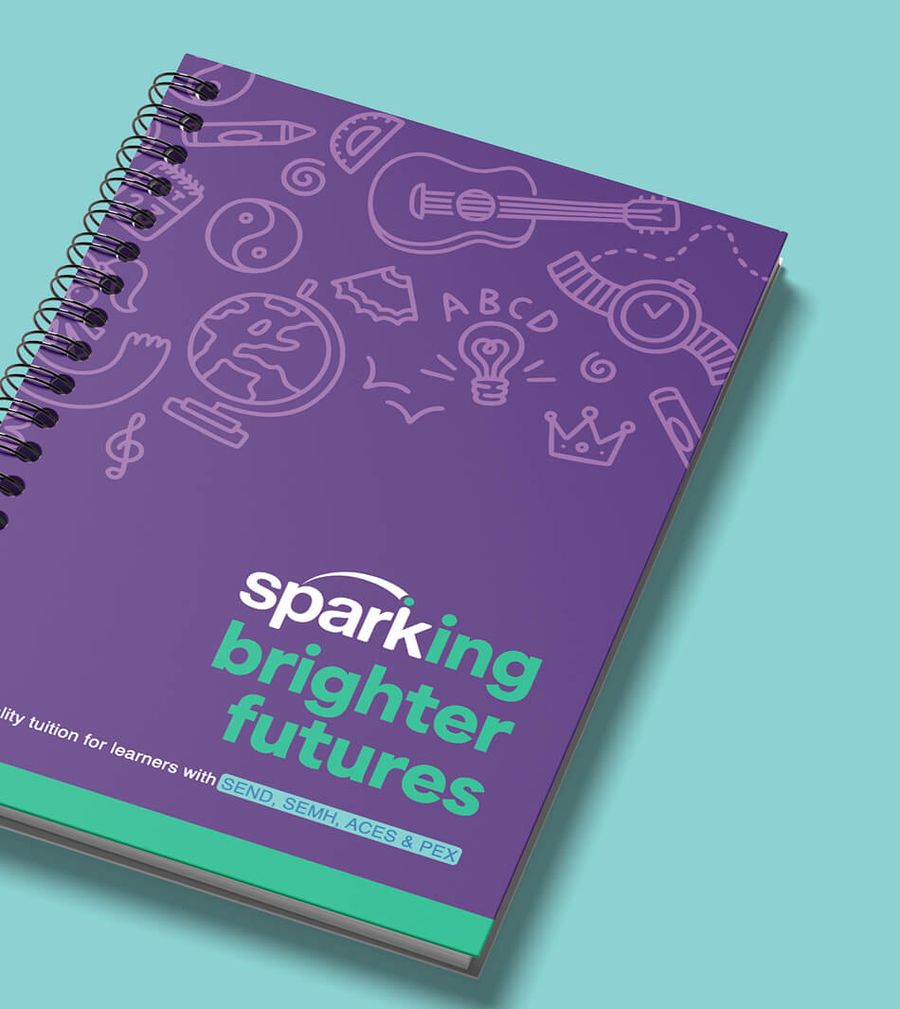 Spark Academy spiral bound brochure cover mockup design