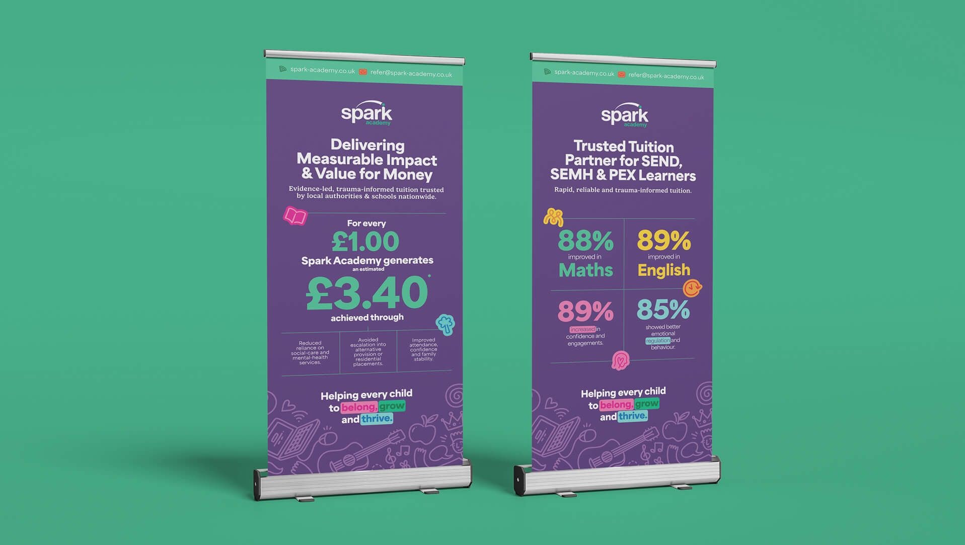 Spark Academy roller banner display stands with impact statistics