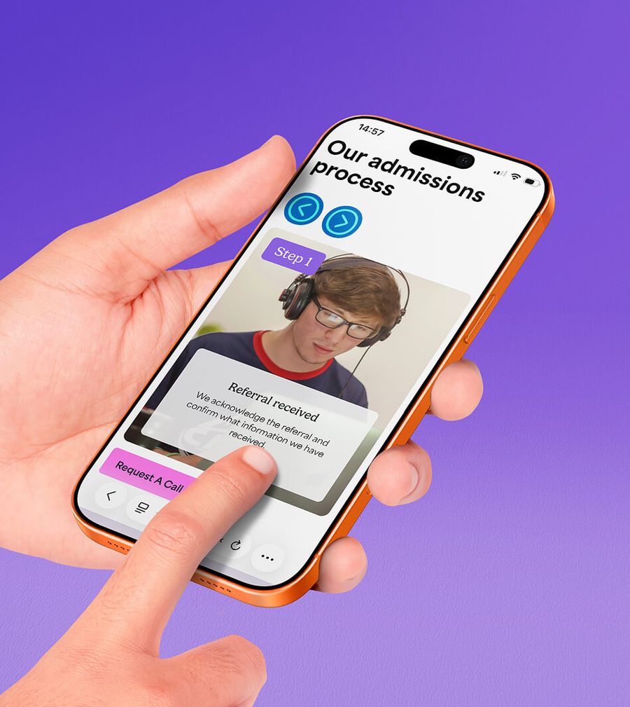 Spark Vale Academy mobile design shown on phone held in hand, by On Poynt Creative