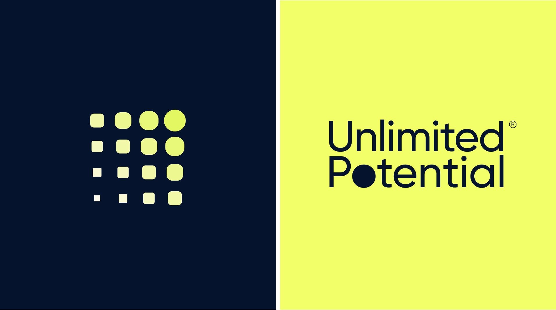 Unlimited Potential brand identity shown in navy and yellow panels