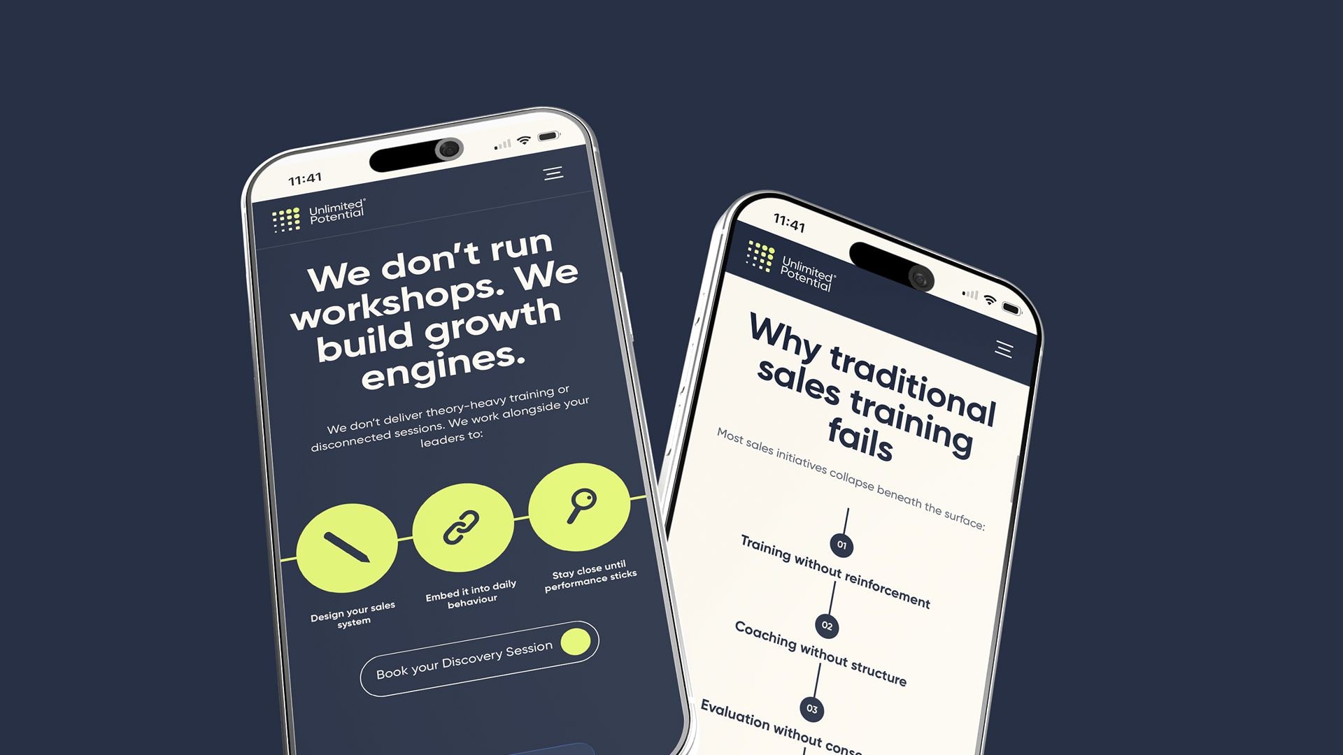 Unlimited Potential mobile app screens shown on two phones