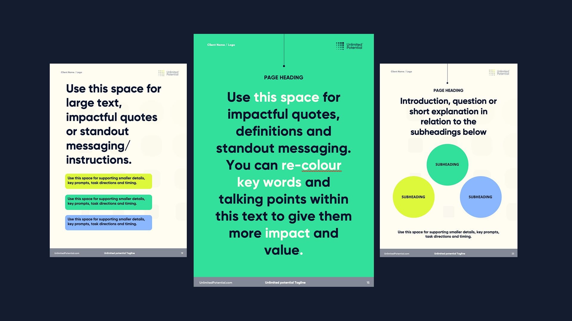 Unlimited Potential presentation slide templates in brand colour palette