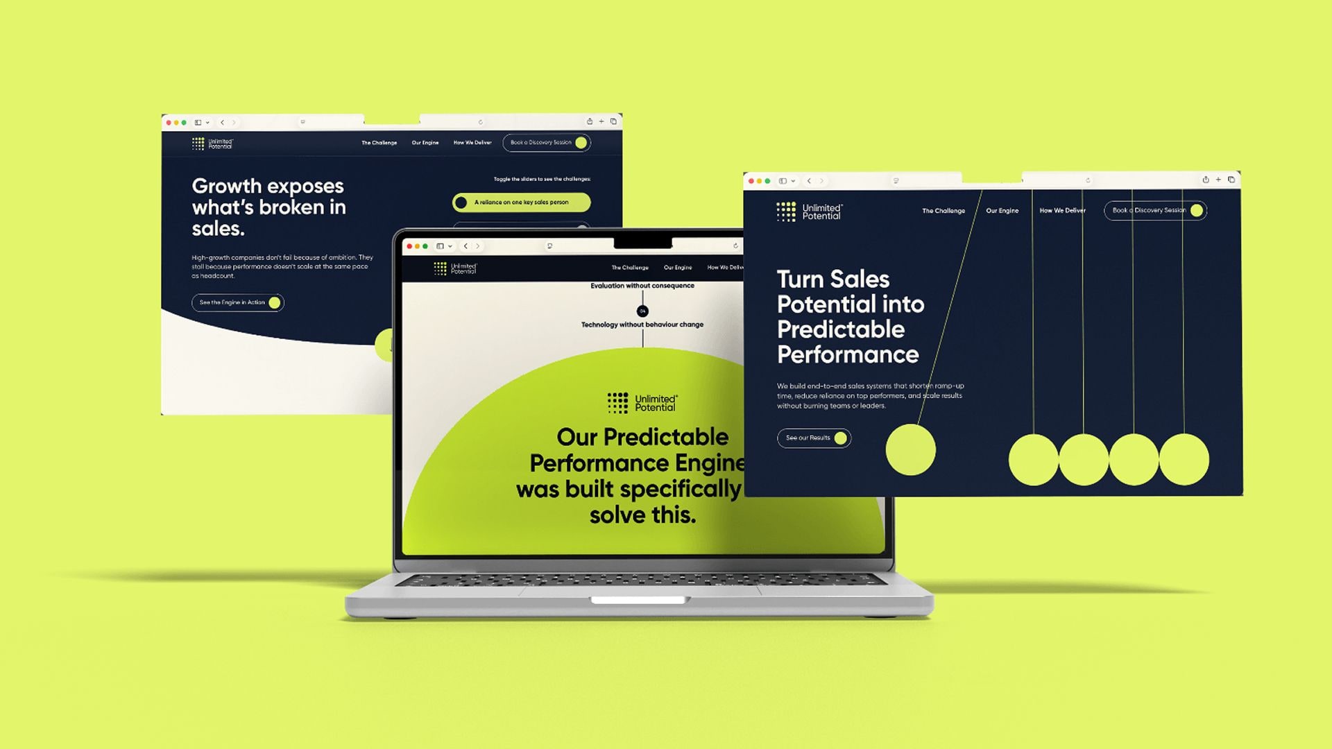 Unlimited Potential website homepage screens layered on green background
