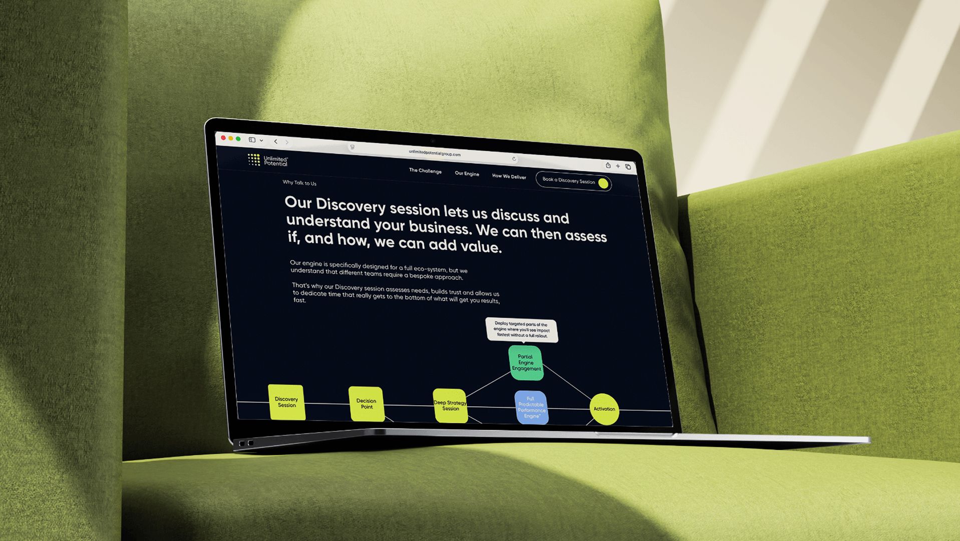 Unlimited Potential website shown on a laptop resting on a sofa