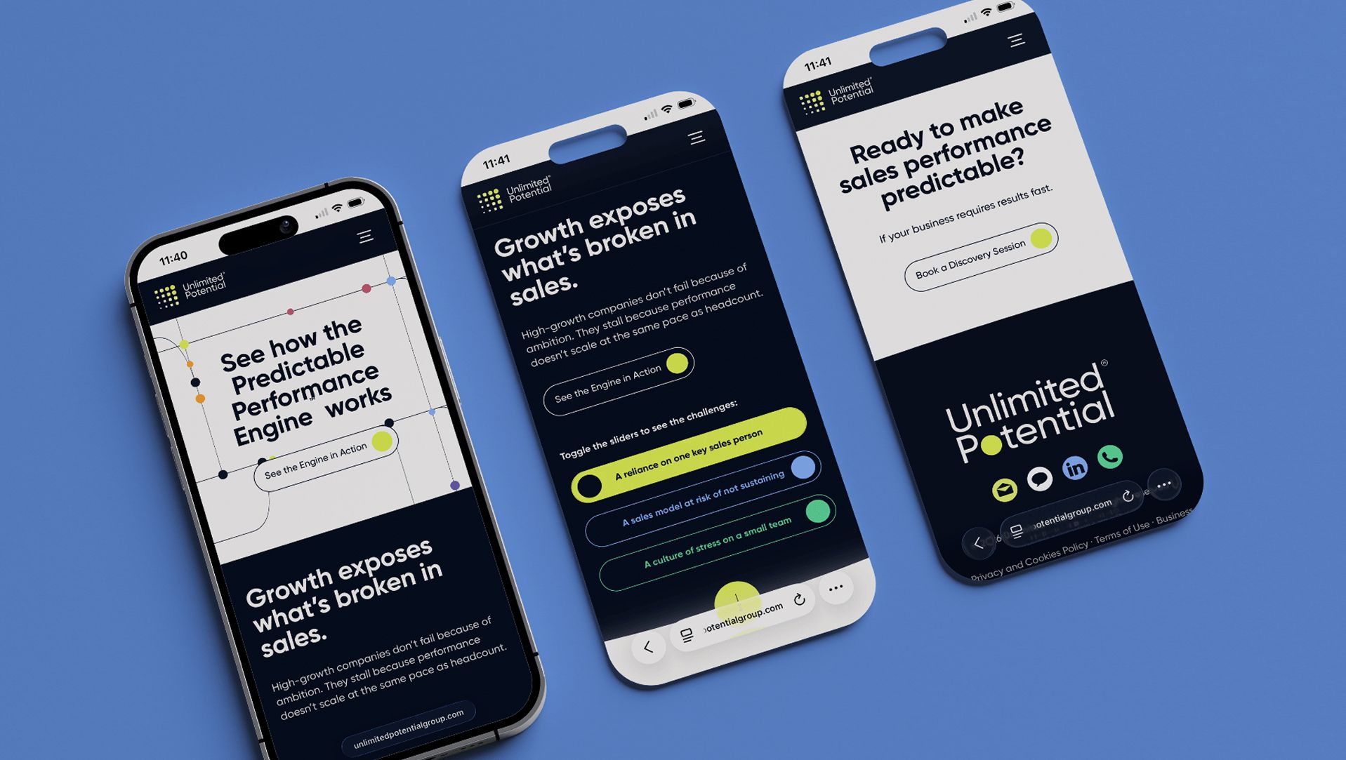 Unlimited Potential website design shown on three mobile phone screens