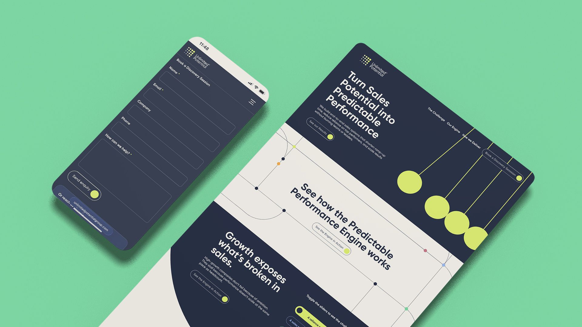 Unlimited Potential website and contact form shown on phone and desktop