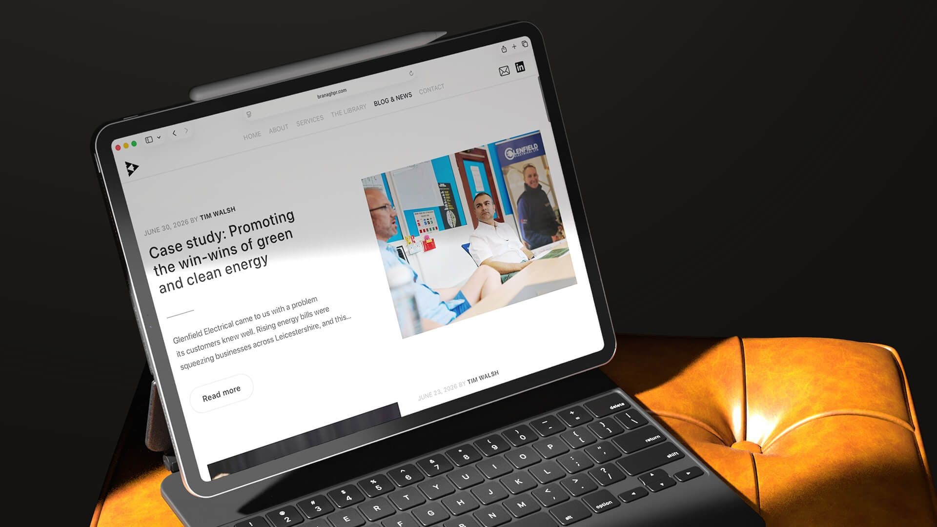 Branagh PR website design shown on tablet device, by On Poynt Creative