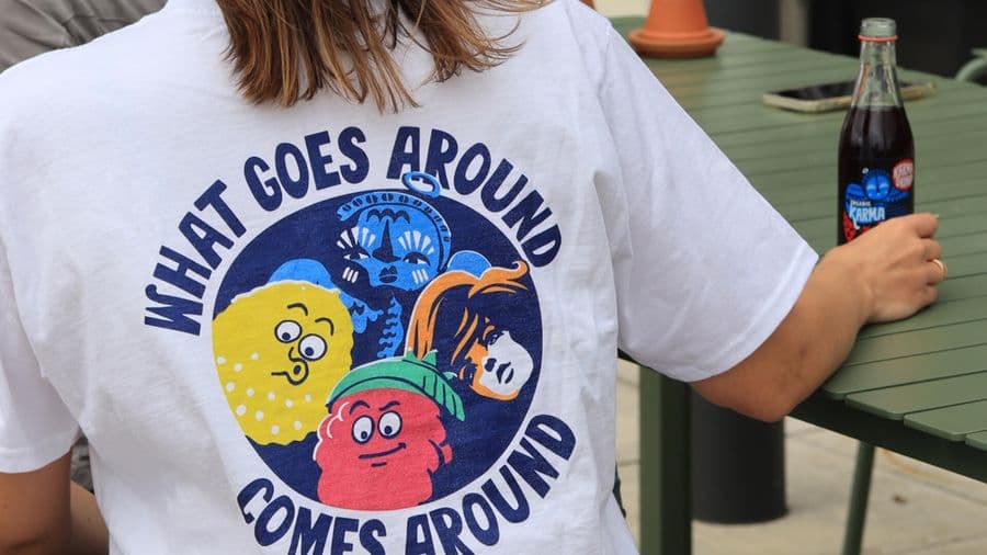 Branded merchandise and apparel design for Karma Drinks by On Poynt Creative