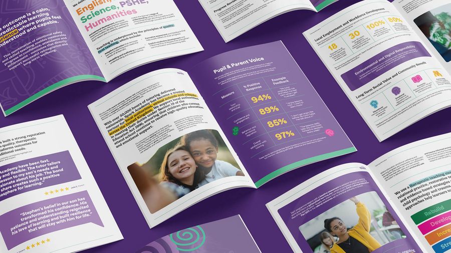 Spark Academy brochure spreads with pupil photos and statistics