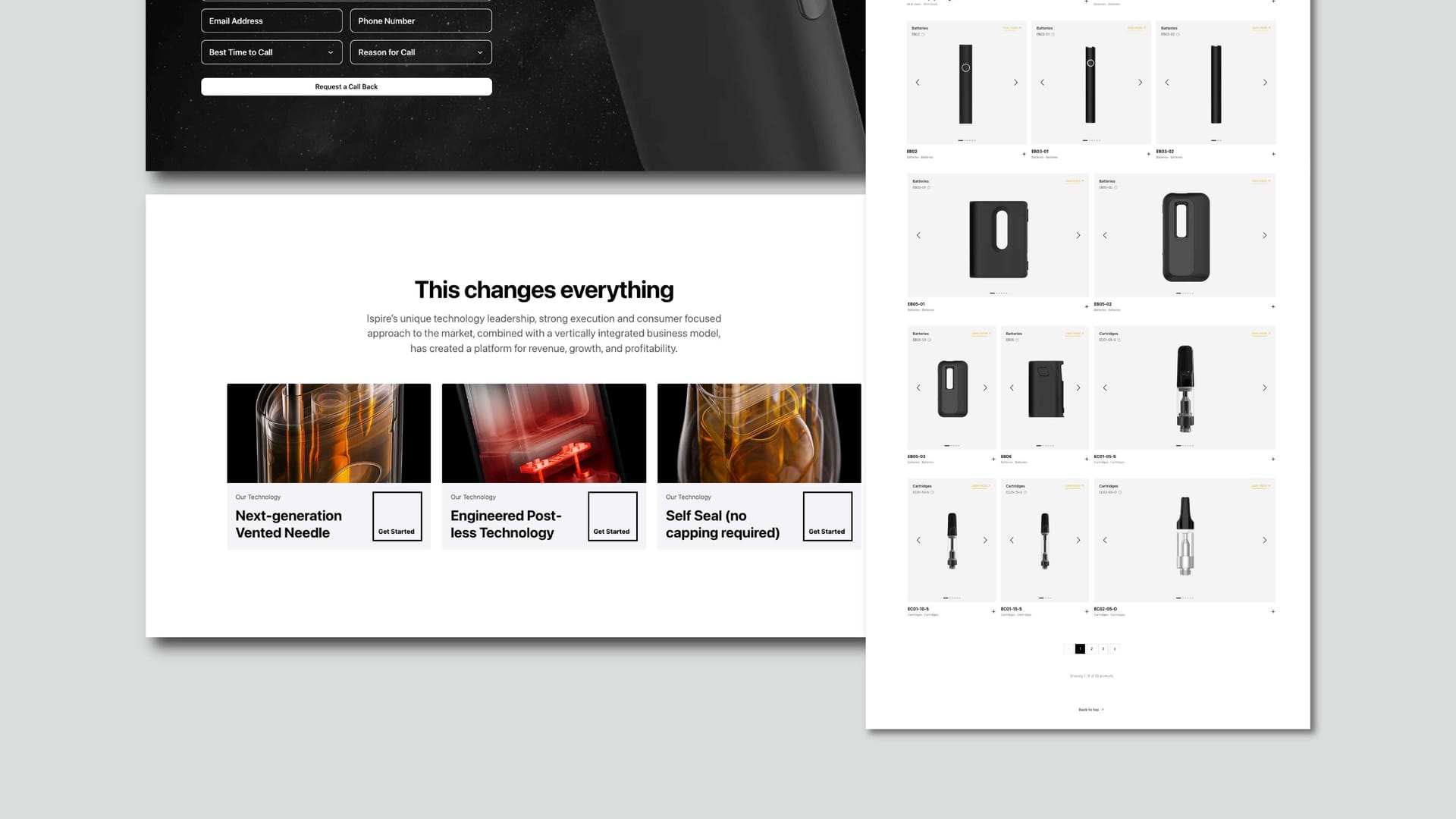 Ispire website screenshot showing This Changes Everything technology section and product catalog grid page, website design by On Poynt Creative