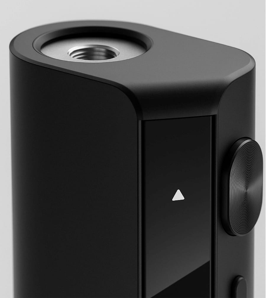 Ispire vape device close up product photography showing side profile with control button, website design by On Poynt Creative
