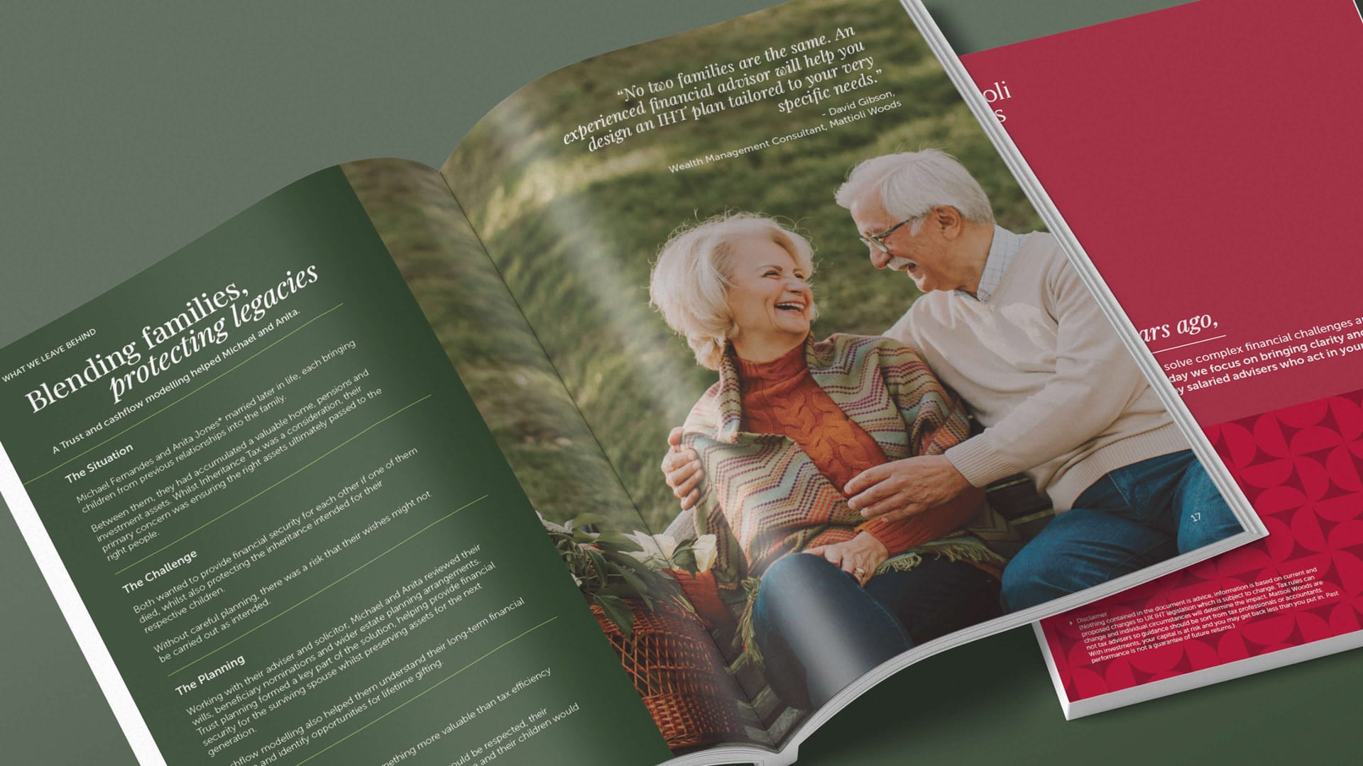 Mattioli Woods brochure spread Blending Families Protecting Legacies case study with elderly couple photography, print design by On Poynt Creative