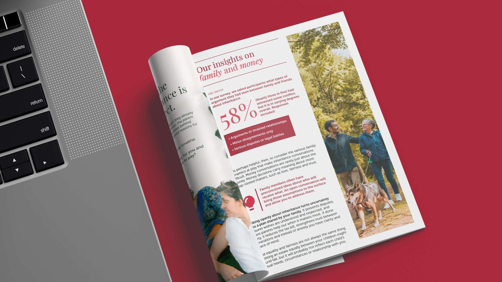 Mattioli Woods brochure mockup on laptop showing Our Insights on Family and Money survey statistics page, print design by On Poynt Creative