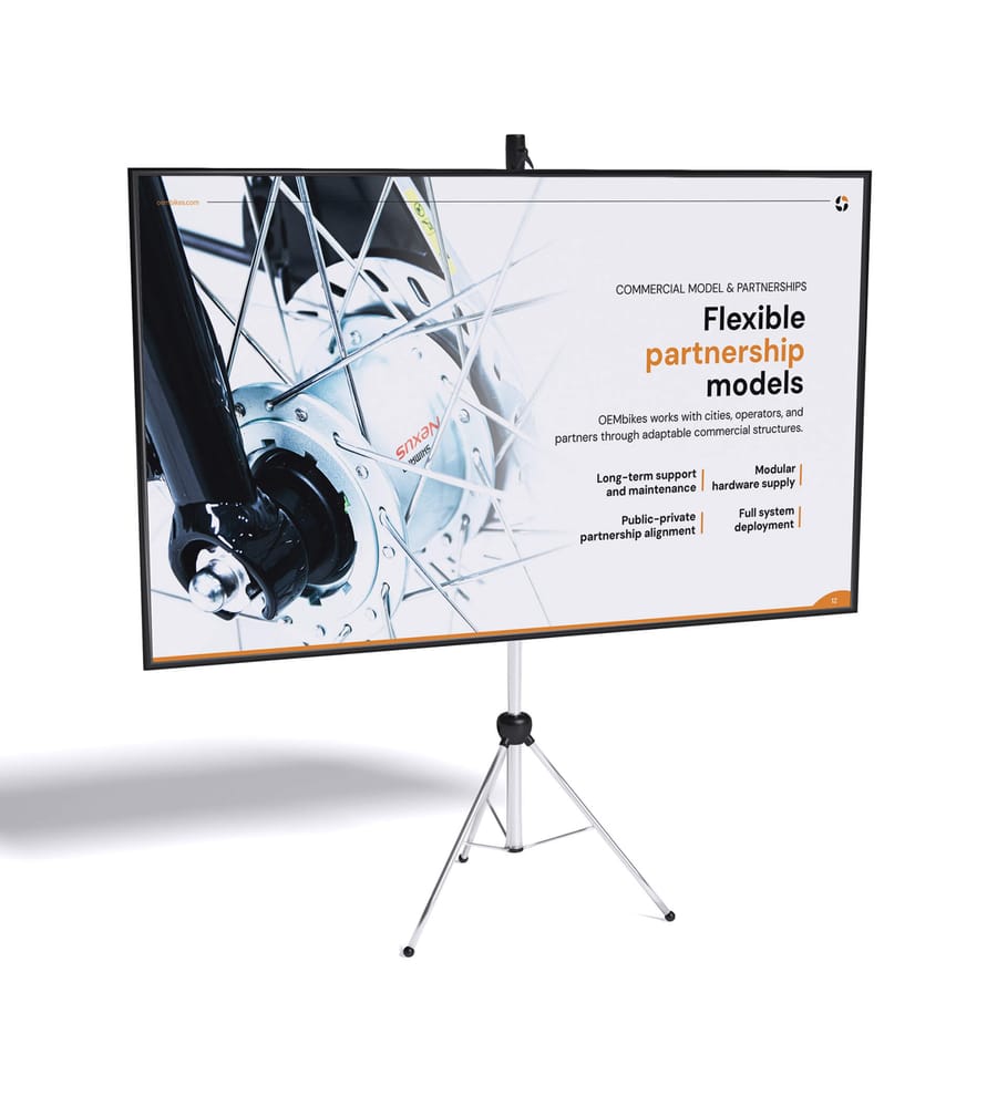 OEMbikes presentation screen on tripod stand showing Flexible Partnership Models slide, presentation design by On Poynt Creative