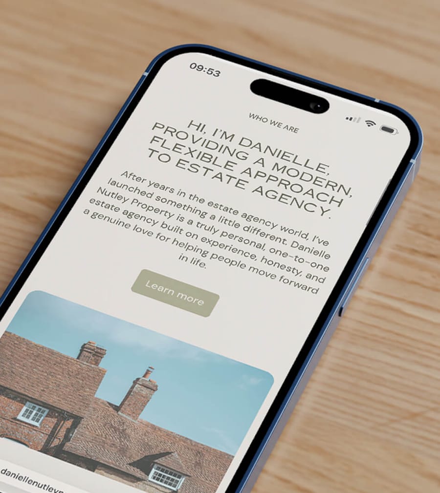 Danielle Nutley Properties phone mockup showing about page Hi I'm Danielle website section, web design by On Poynt Creative