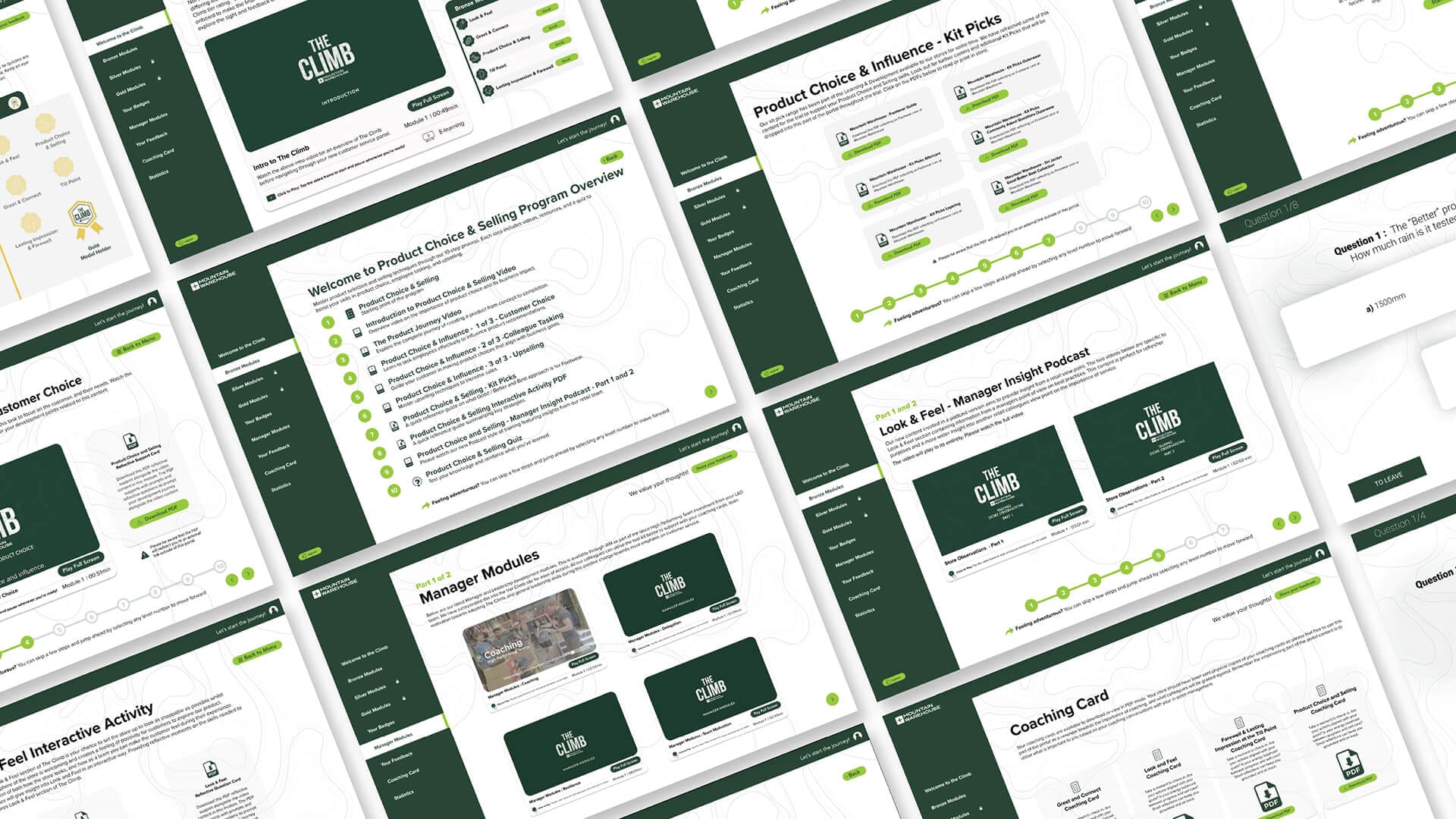 Mountain Warehouse The Climb e-learning platform screens mosaic showing modules, quizzes and coaching cards, web design by On Poynt Creative