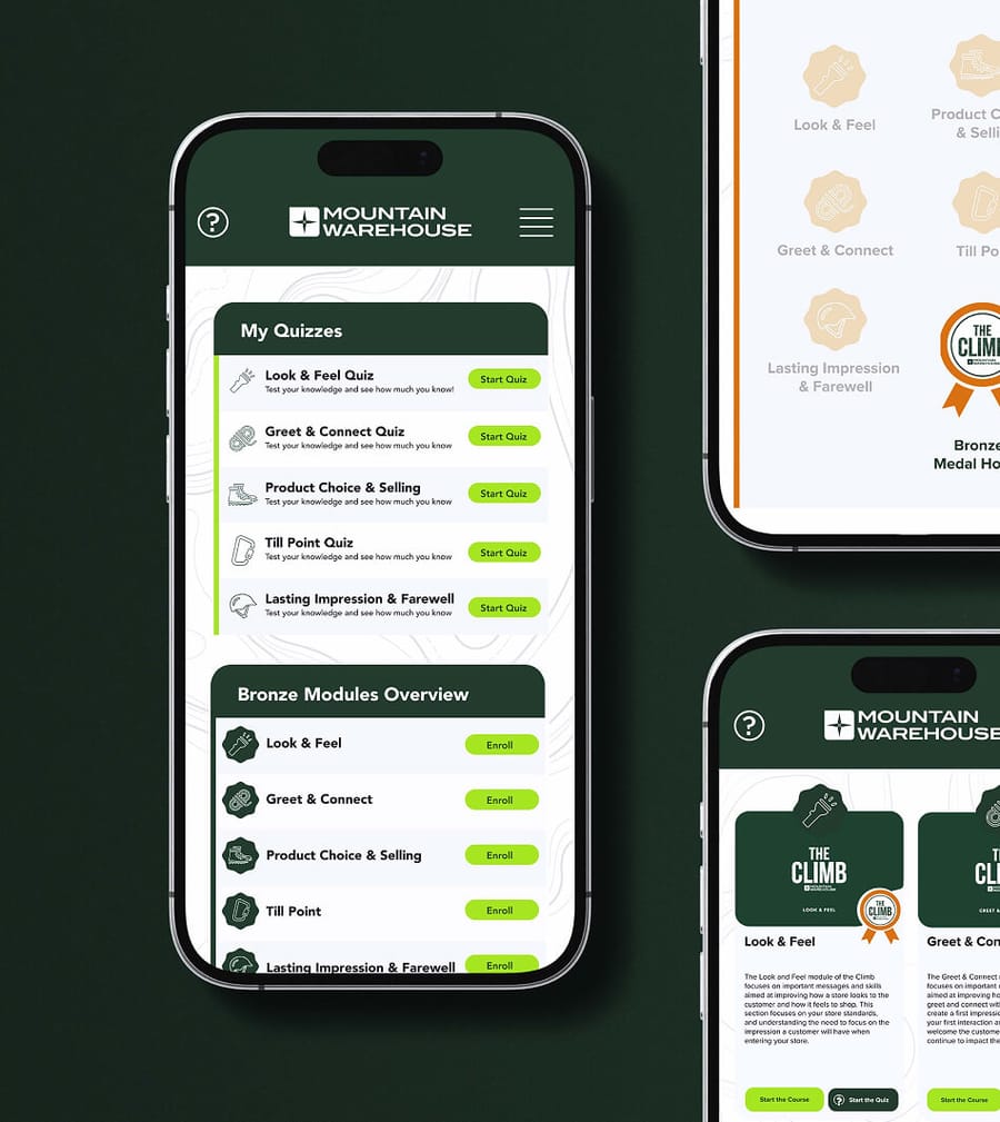 Mountain Warehouse The Climb mobile app UI mockup showing quiz modules and Bronze medal achievement screens, app and brand design by On Poynt Creative