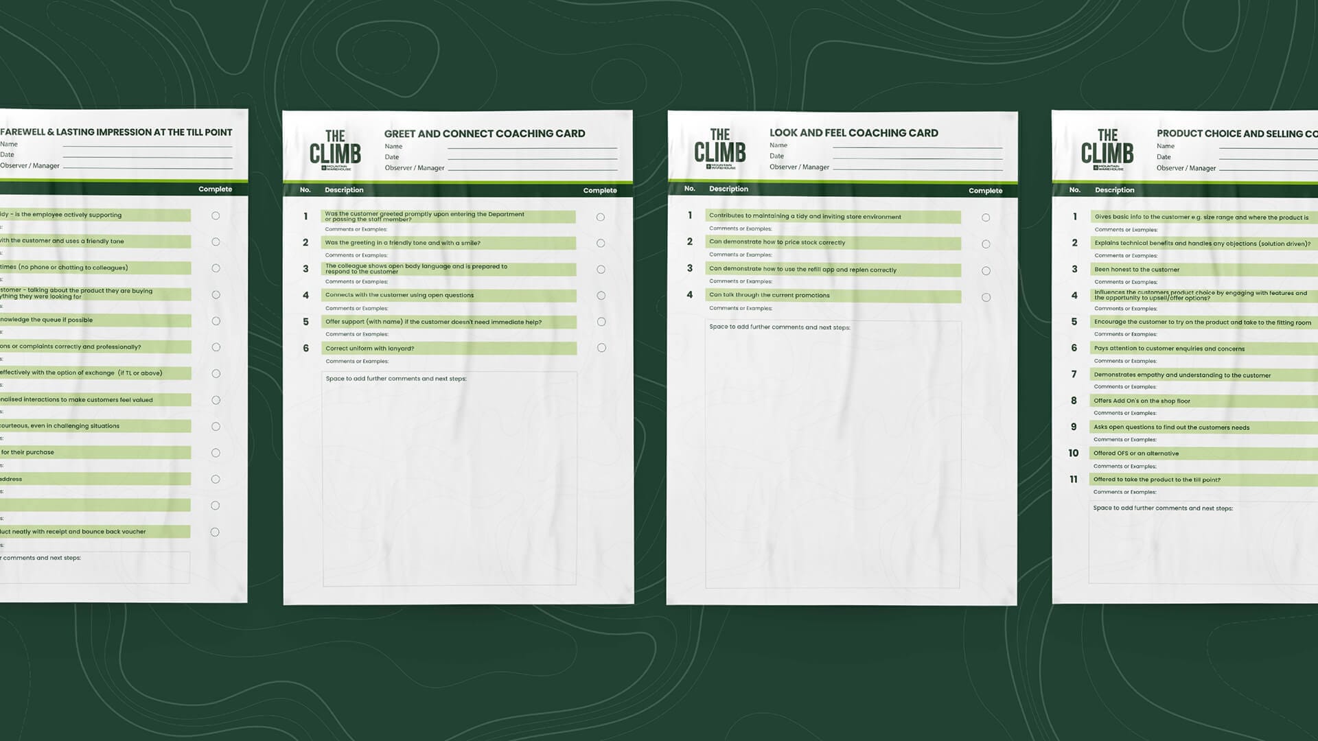 Mountain Warehouse The Climb staff coaching cards for Greet and Connect, Look and Feel, Product Choice and Farewell training, brand design by On Poynt Creative