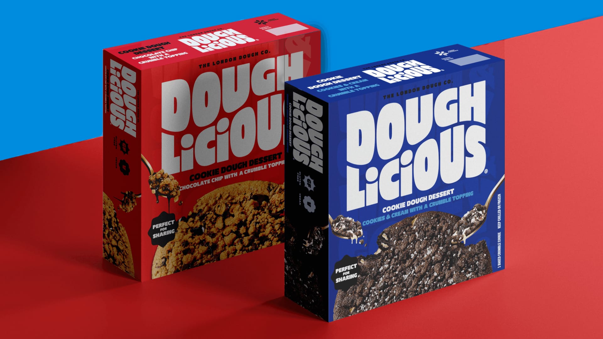 Doughlicious Chocolate Chip and Cookies and Cream cookie dough dessert boxes side by side packaging photography, packaging design by On Poynt Creative