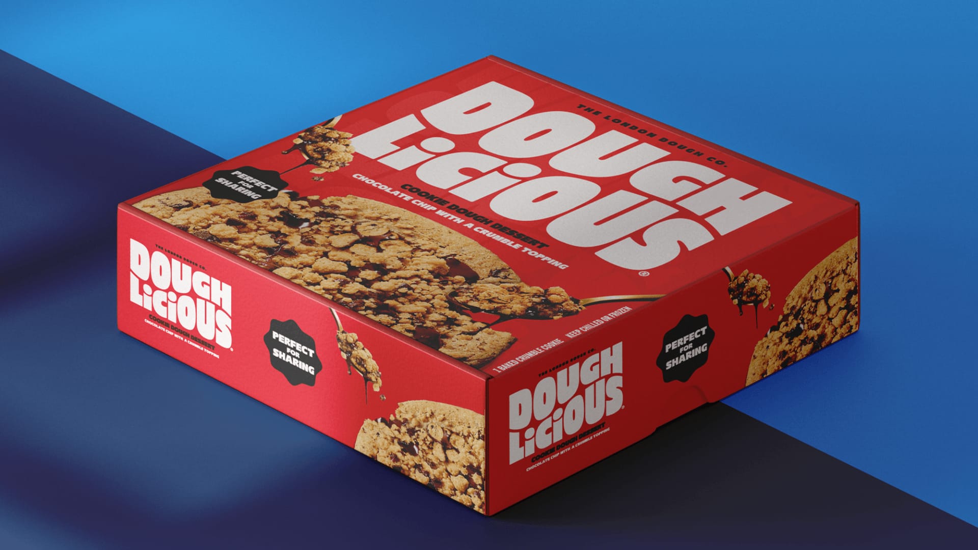 oughlicious cookie dough box packaging 3D render mockup with Perfect for Sharing badge, packaging design by On Poynt Creative