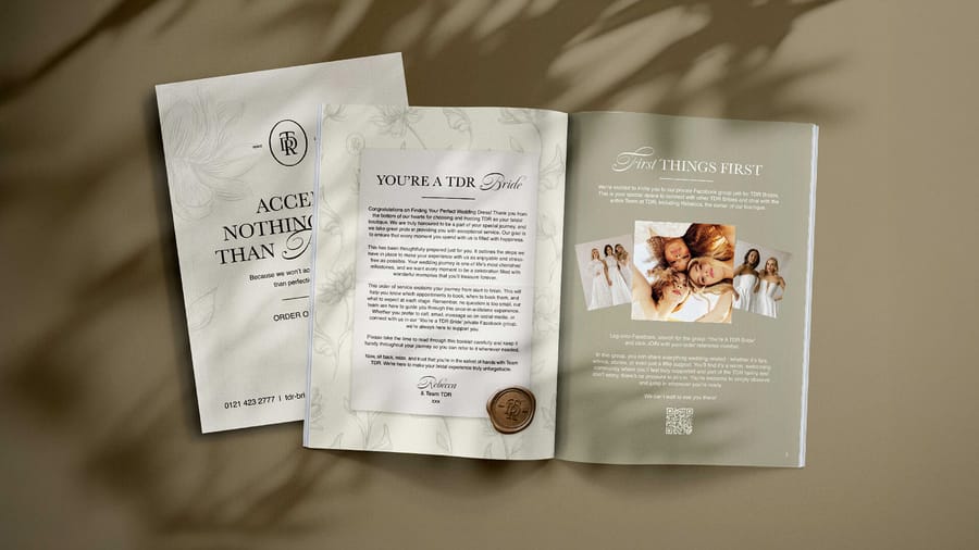 The Dressing Room Bridal 'You're a TDR Bride' welcome booklet spread with 'First Things First' page, print design by On Poynt Creative