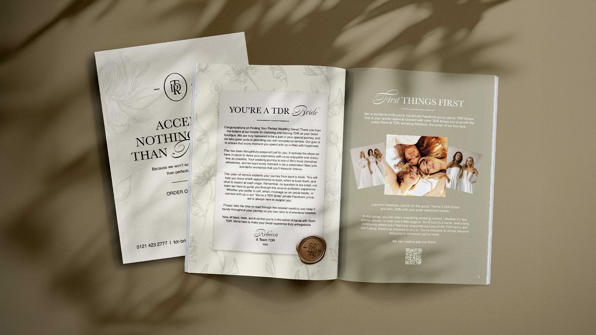 The Dressing Room Bridal 'You're a TDR Bride' welcome booklet spread with 'First Things First' page, print design by On Poynt Creative