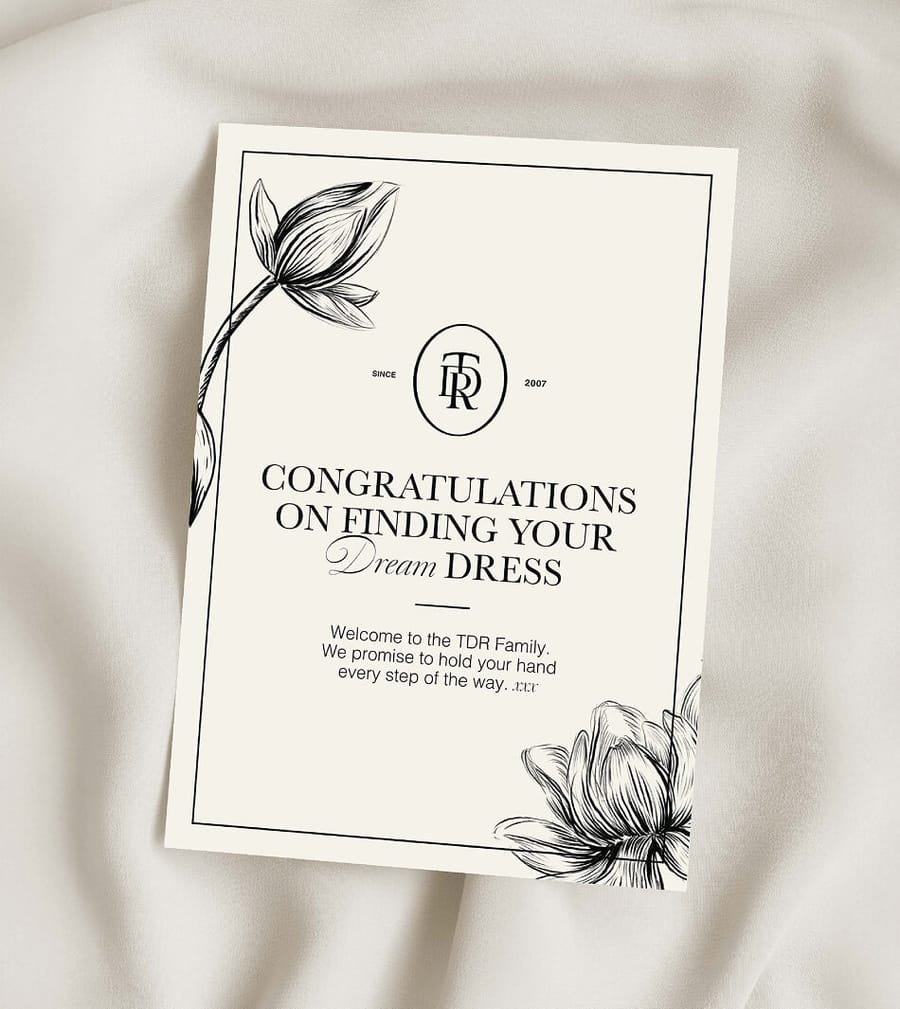 The Dressing Room Bridal 'Congratulations on Finding Your Dream Dress' branded thank you card design, print design by On Poynt Creative