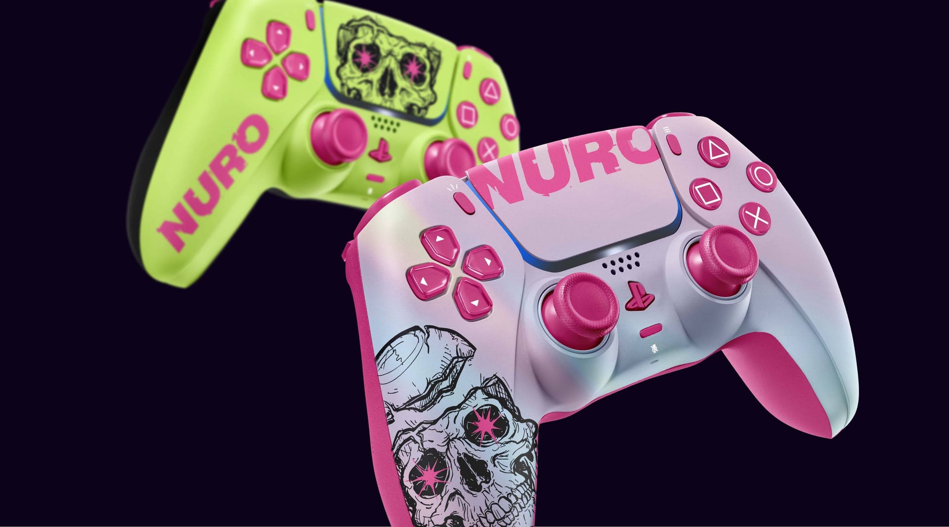 Nuro branded PS5 controller merchandise design with skull graphic in yellow and holographic colourways, brand design by On Poynt Creative