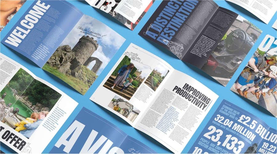 Visit Leicester tourism brochure page layout overview showing Welcome, Distinctive Destination and Improving Productivity spreads, print design by On Poynt Creative