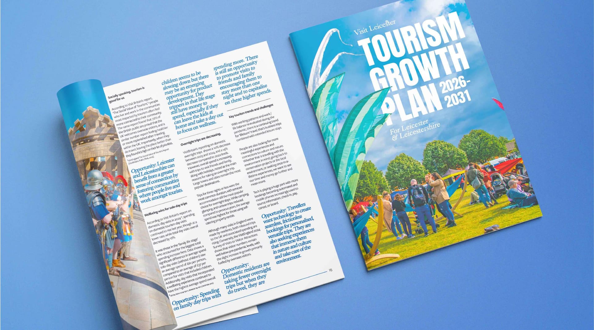 Visit Leicester Tourism Growth Plan 2026-2031 brochure cover and inside spread, print design by On Poynt Creative