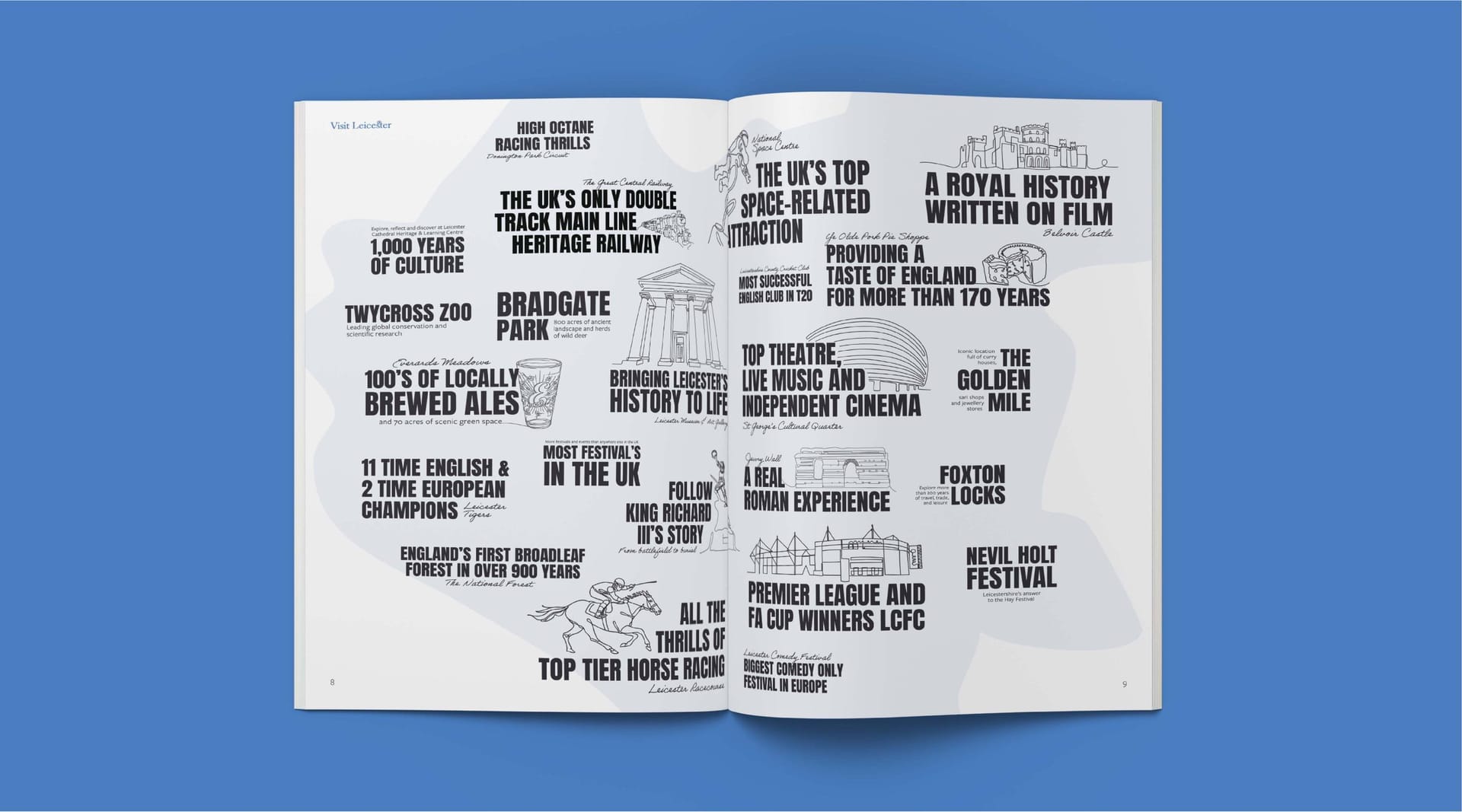 Visit Leicester tourism brochure spread highlighting Bradgate Park, Twycross Zoo and National Space Centre, print design by On Poynt Creative