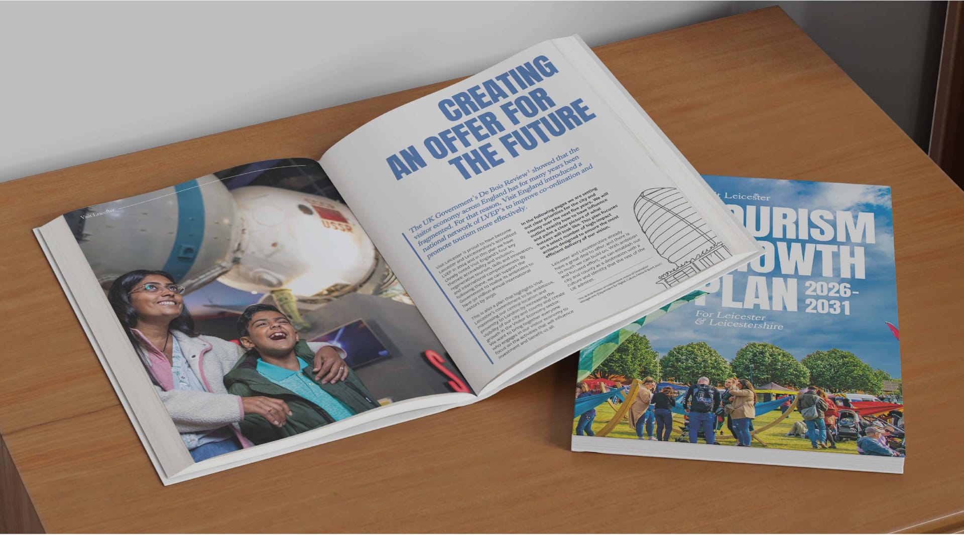 Visit Leicester tourism brochure spread design with 'An Offer for the Future' headline, print design by On Poynt Creative