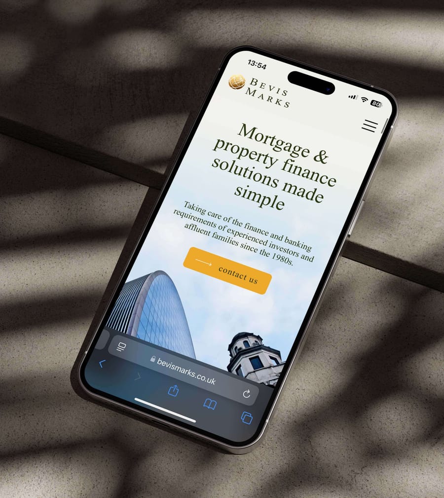 Bevis Marks mobile website design on iPhone by On Poynt Creative