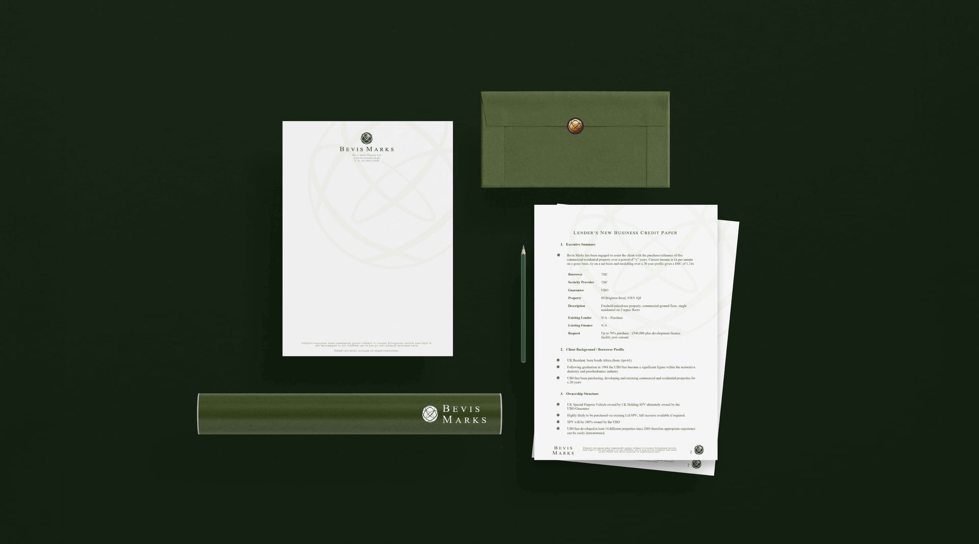 Bevis Marks brand stationery suite including letterhead and envelope, by On Poynt Creative