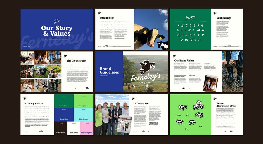 Ferneley's brand guidelines page layouts with farm photography, by On Poynt Creative